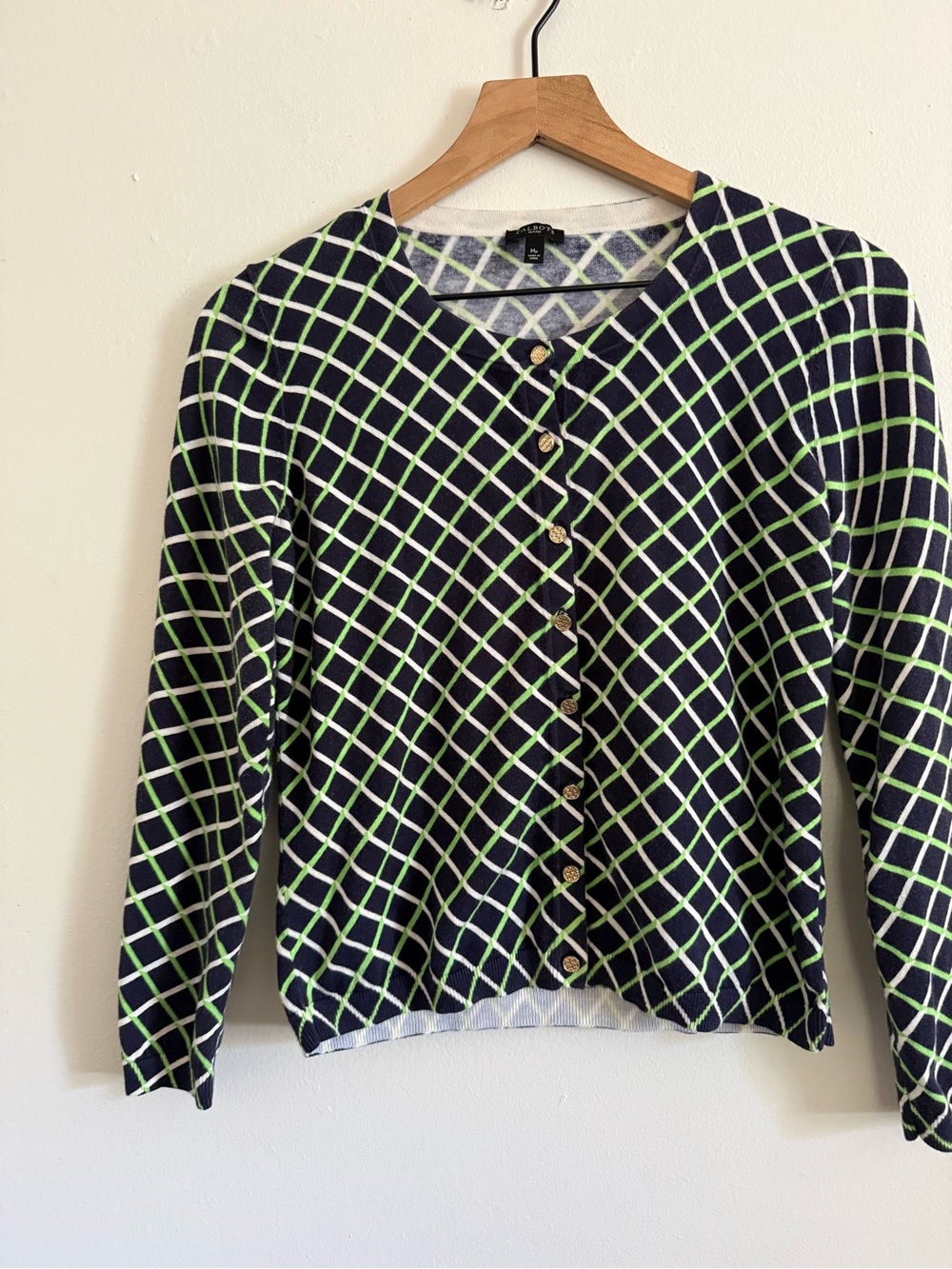 Talbots Navy and Lime Grid-Print Button Cardigan